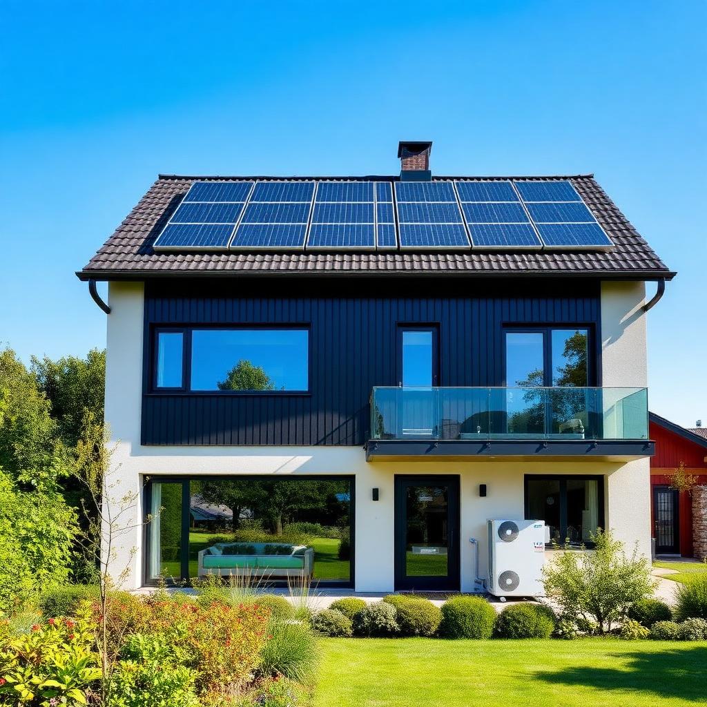 Modernes Effizienzhaus mit Photovoltaik und Wärmepumpe