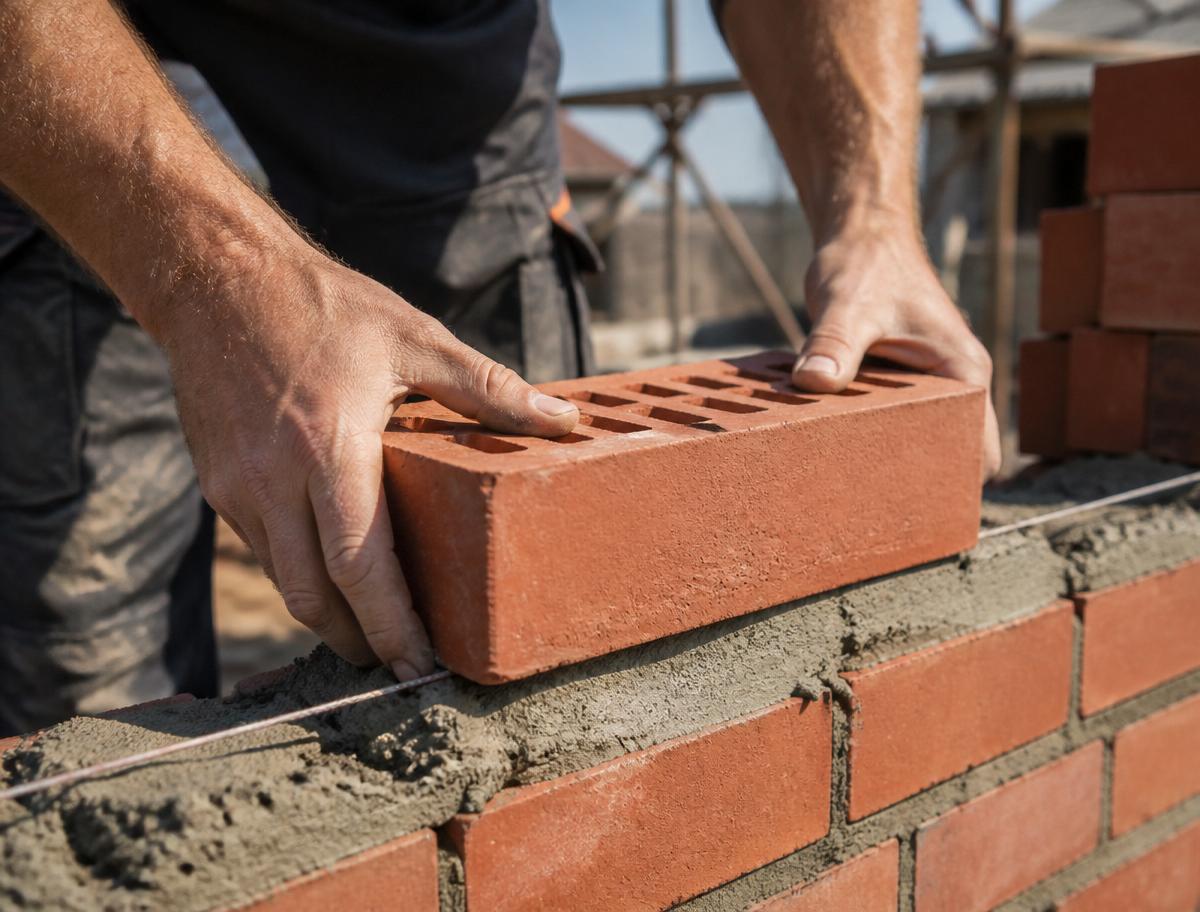 Maurer setzt einen Ziegelstein beim Massivhausbau