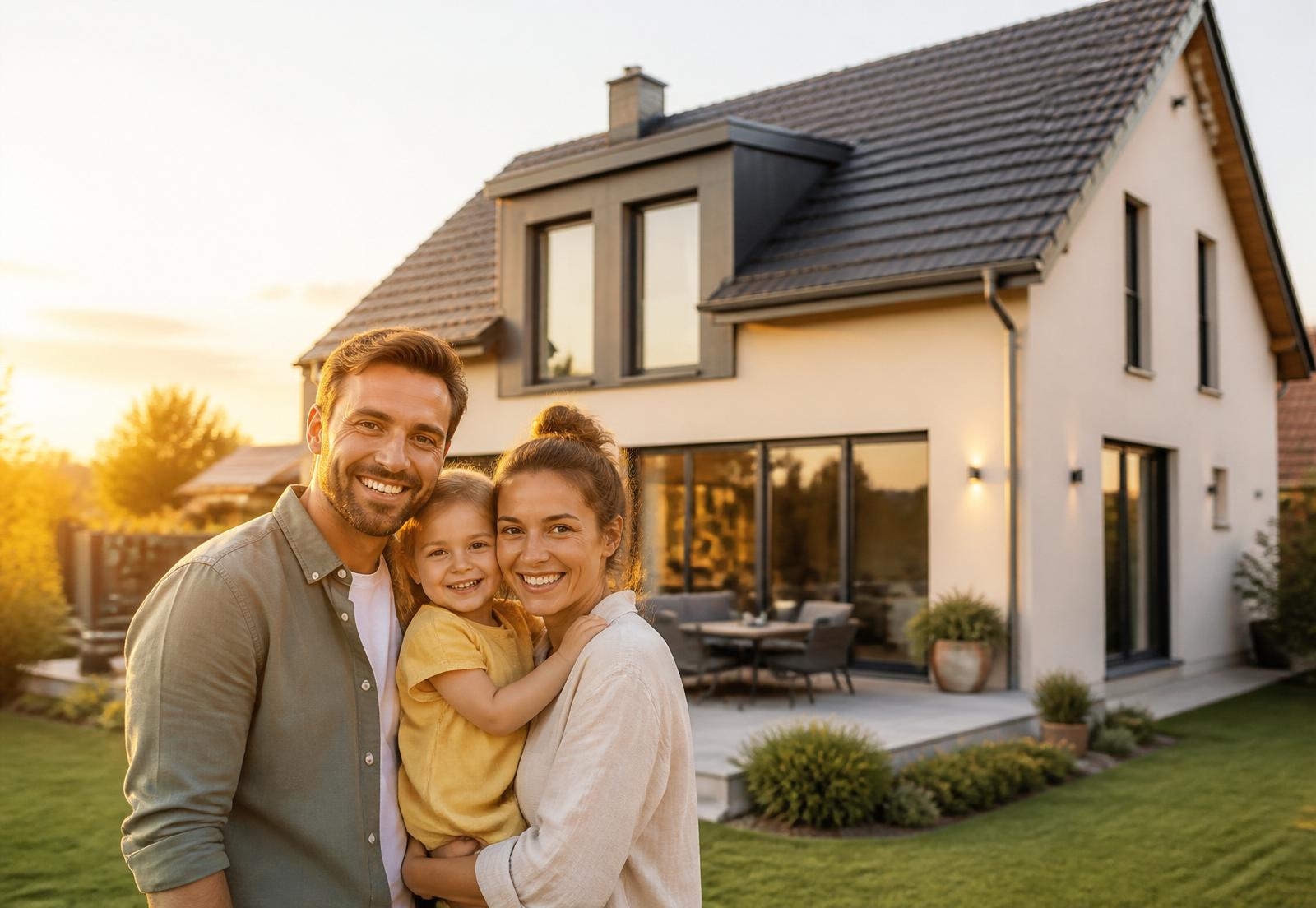 Junge Familie vor ihrem neu gebauten Massivhaus im goldenen Abendlicht